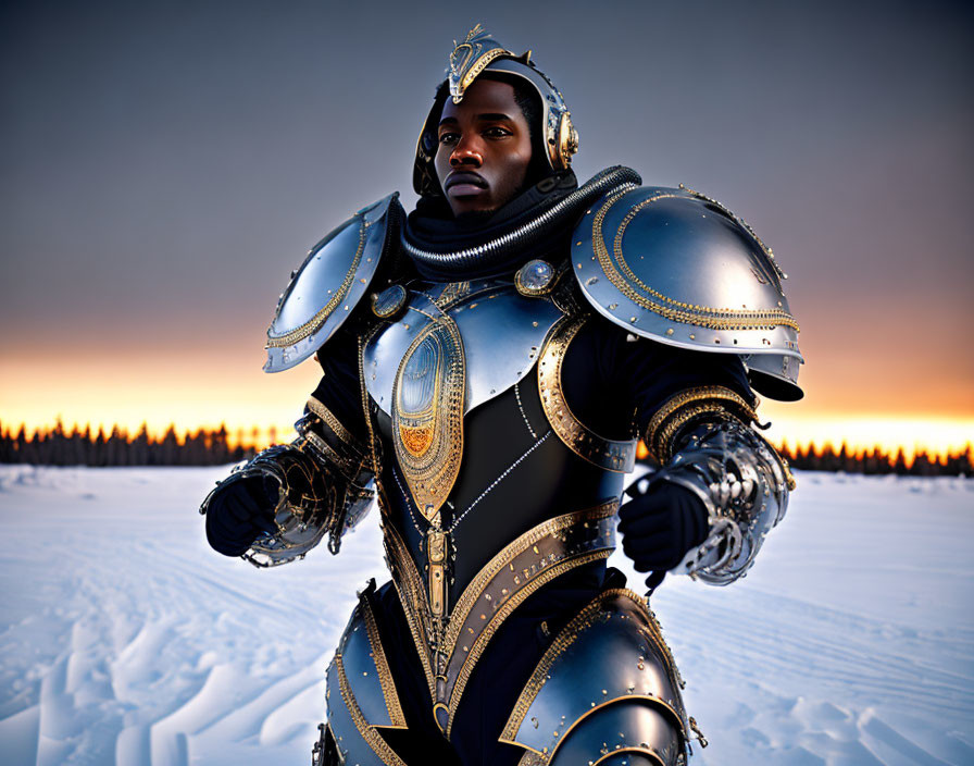 Medieval armor-clad person in snowy sunset landscape