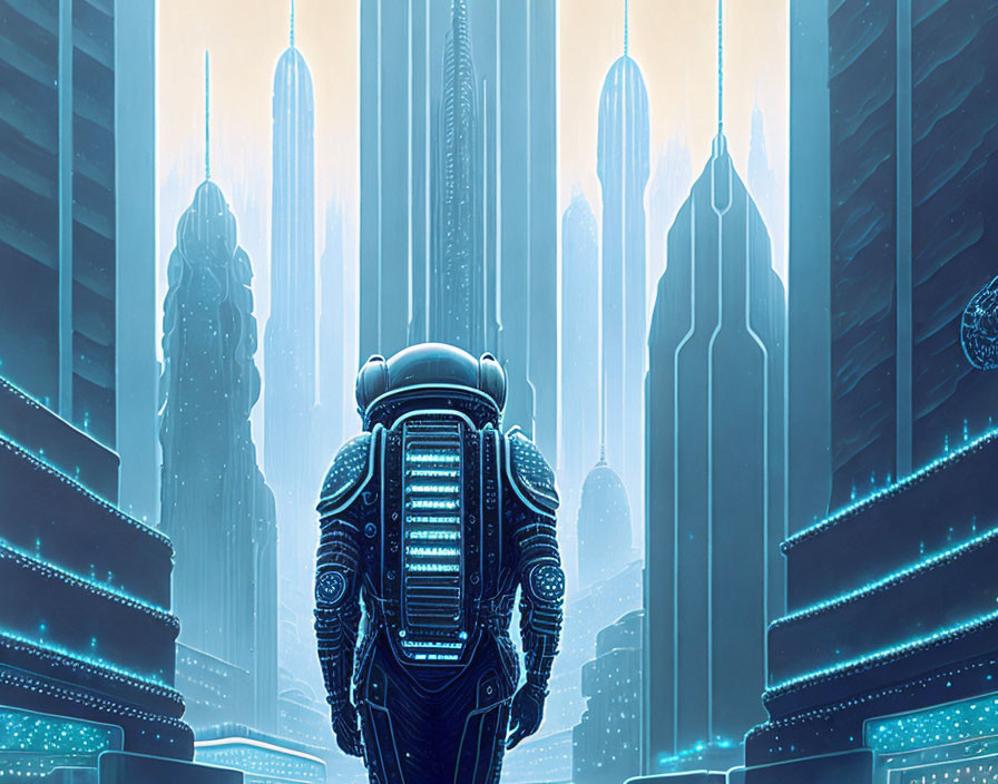 Futuristic figure in suit stares at illuminated cityscape and skyscrapers under blue sky