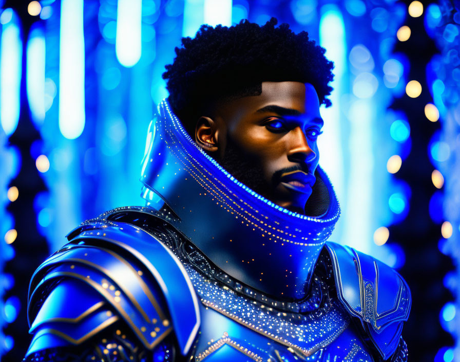 Futuristic person in blue armor with glowing vertical lights