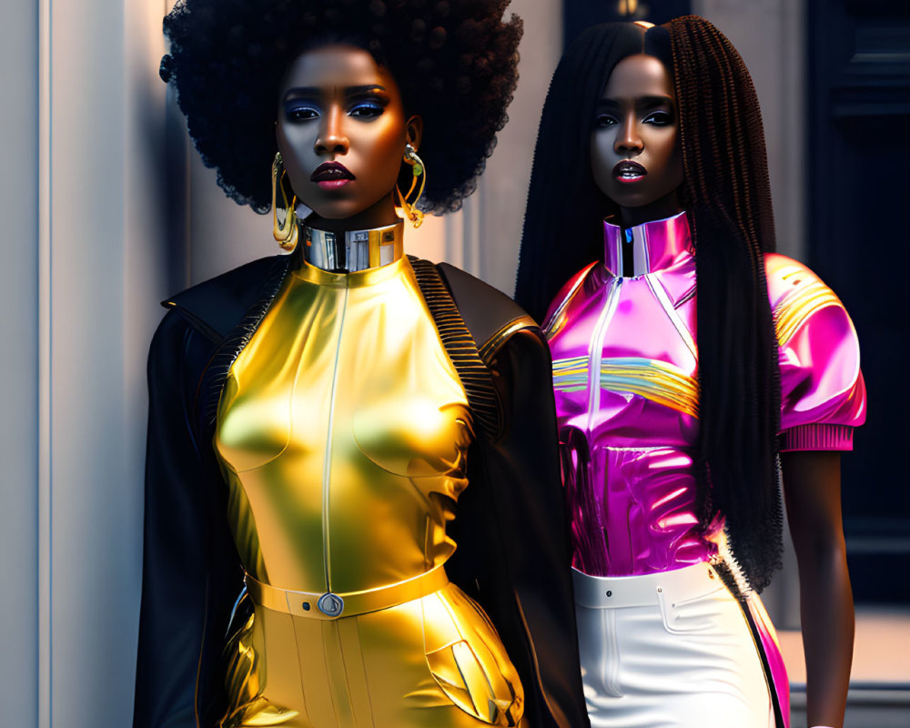 Two women with bold afro hairstyles in futuristic outfits posing in front of a classical building.