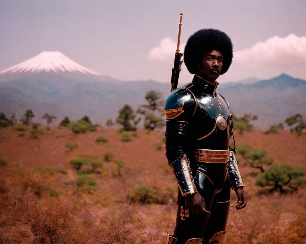 Person in traditional armor with rifle against Mount Fuji backdrop