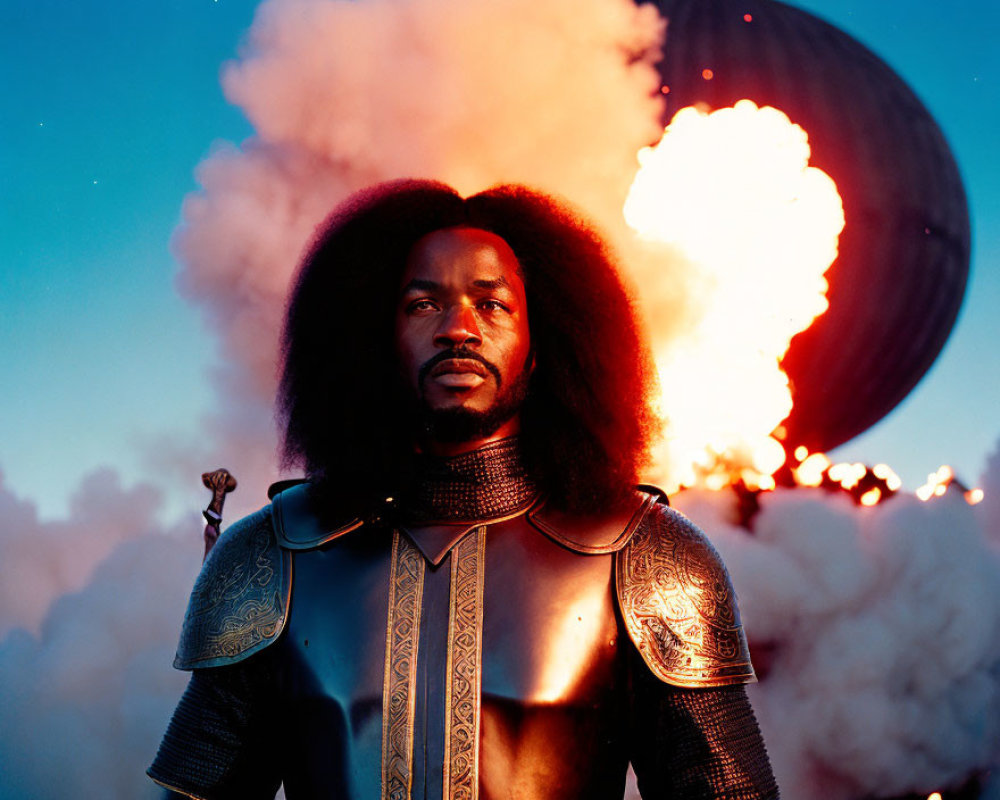 Majestic man in armor with afro amid fiery explosion and blue sky