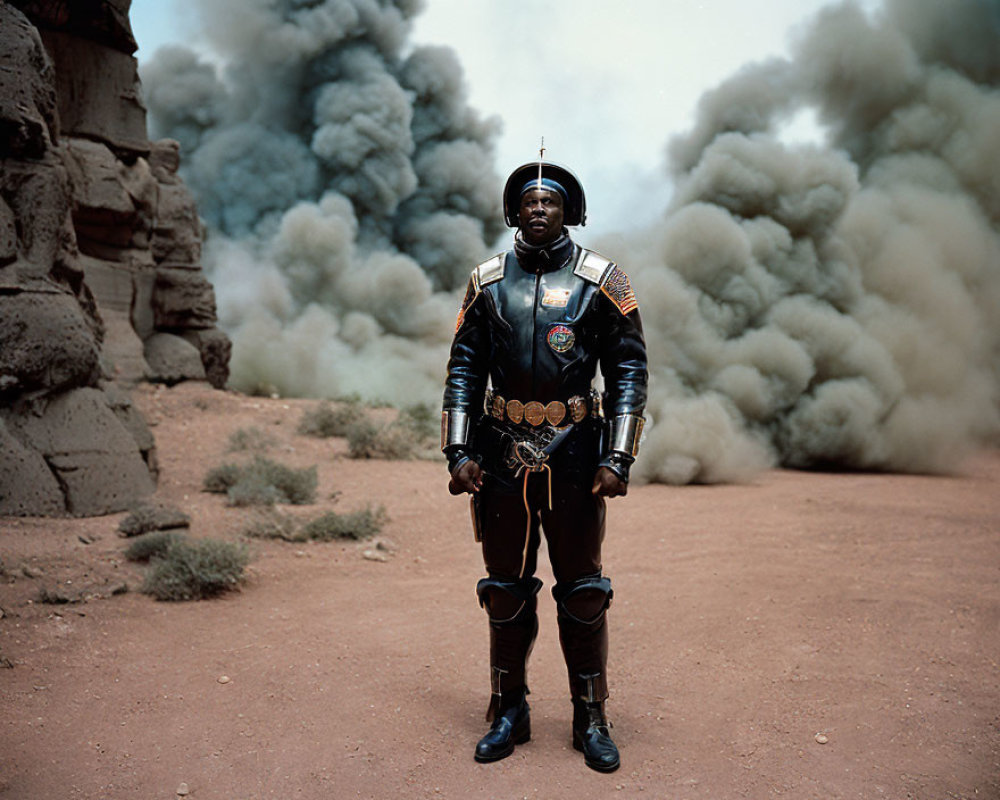 Vintage astronaut suit in desert with billowing smoke