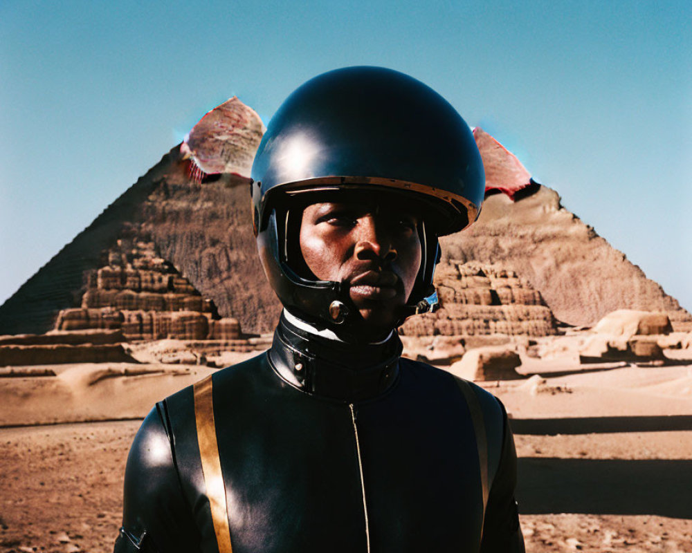Futuristic suit figure at Egyptian pyramids under blue sky
