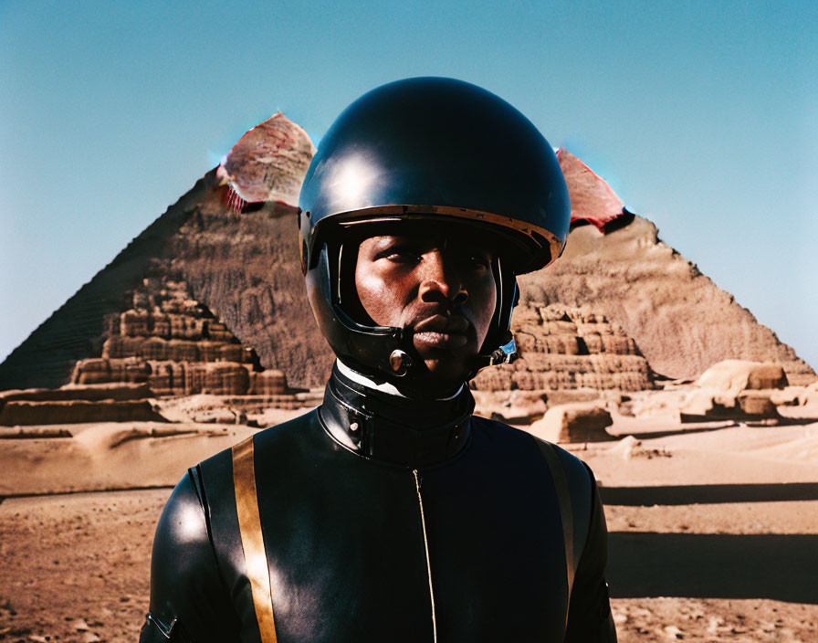 Futuristic suit figure at Egyptian pyramids under blue sky