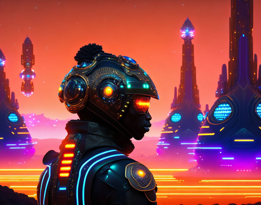 Futuristic person in advanced helmet and suit against neon-lit sci-fi cityscape.