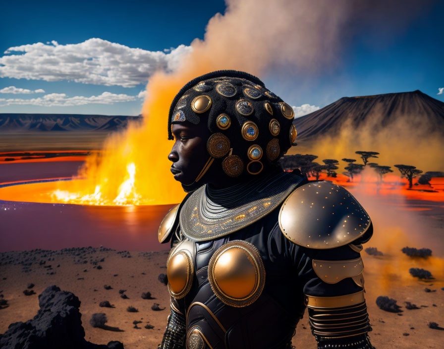 Futuristic black and gold armor in front of volcanic eruption