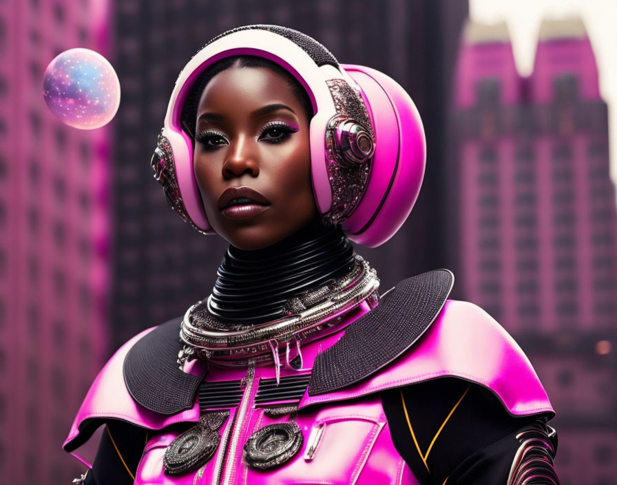 Futuristic woman with bold makeup and helmet poses with holographic orb