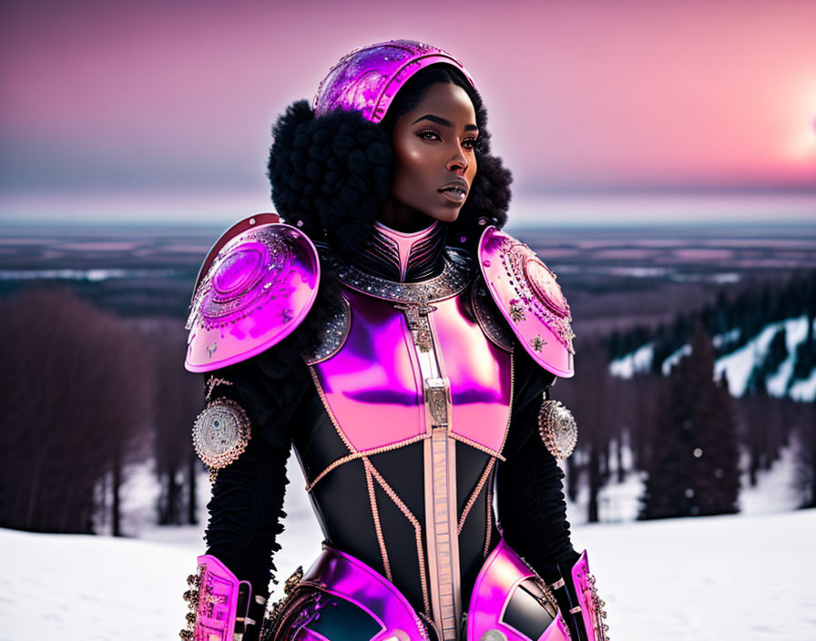 Futuristic woman in purple armor in snowy landscape at dusk