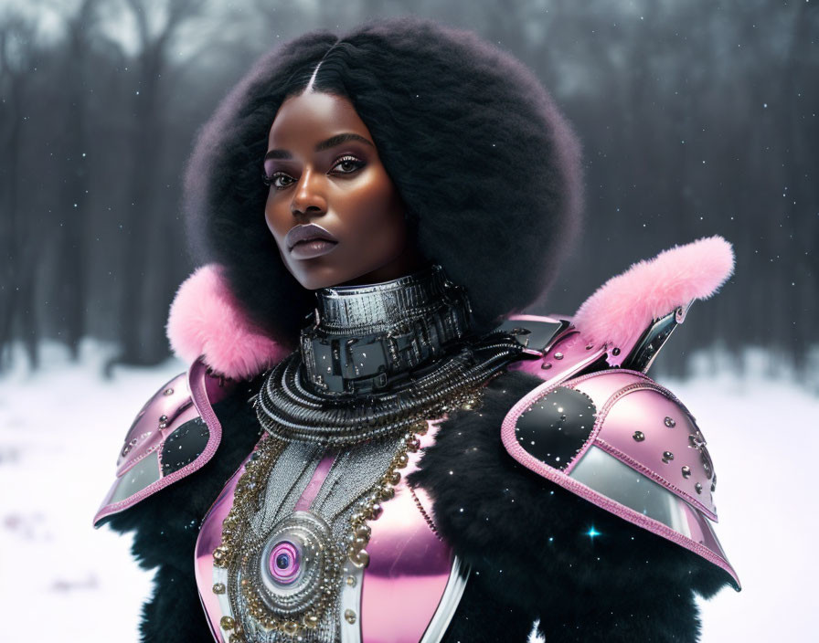 Futuristic pink and black armor woman in snowy forest