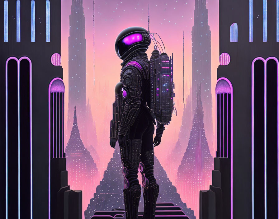 Futuristic astronaut with reflective helmet in surreal skyline