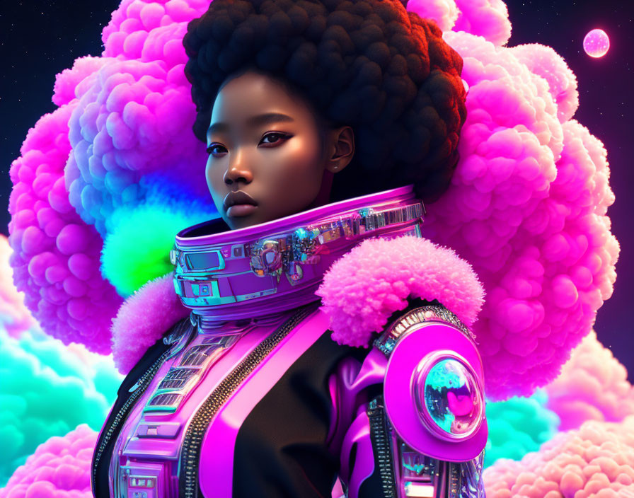 Futuristic portrait of woman in high-tech suit with elaborate hairstyle