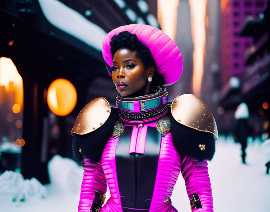 Avant-garde pink and black outfit with exaggerated shoulder pads and futuristic headpiece against snowy city backdrop
