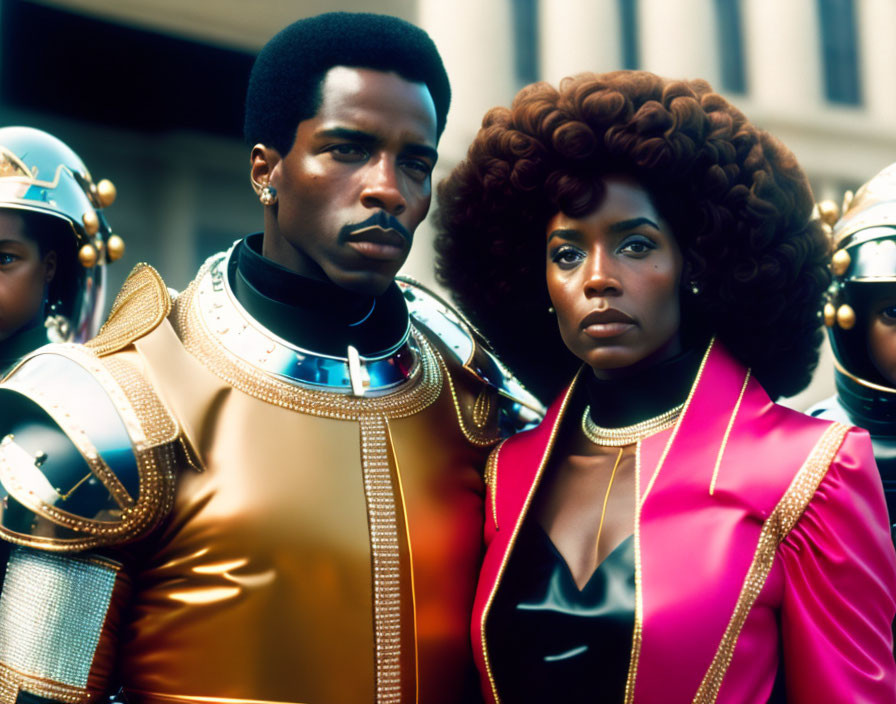 Retro-futuristic couple in golden armor and pink outfit with helmeted figures in the background