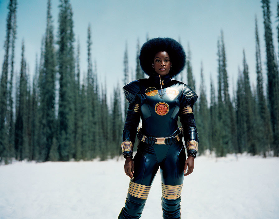 Futuristic black and gold space suit in snowy landscape