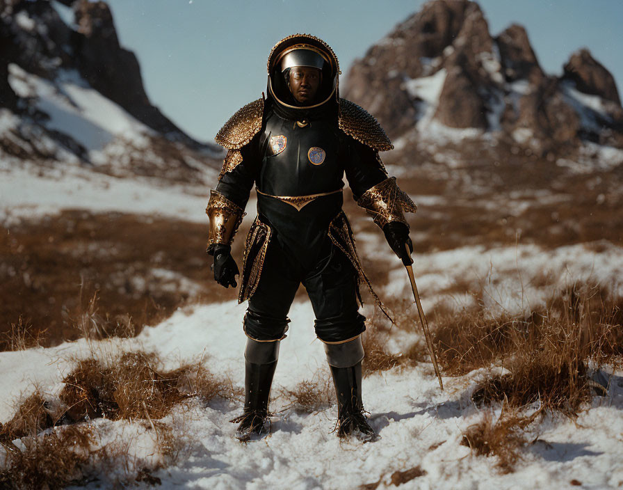 Vintage spacesuit astronaut on snowy terrain with rocky mountains in background
