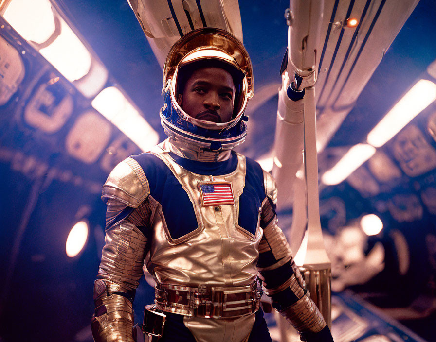 Blue and Gold Astronaut in Spacecraft with American Flag Patch