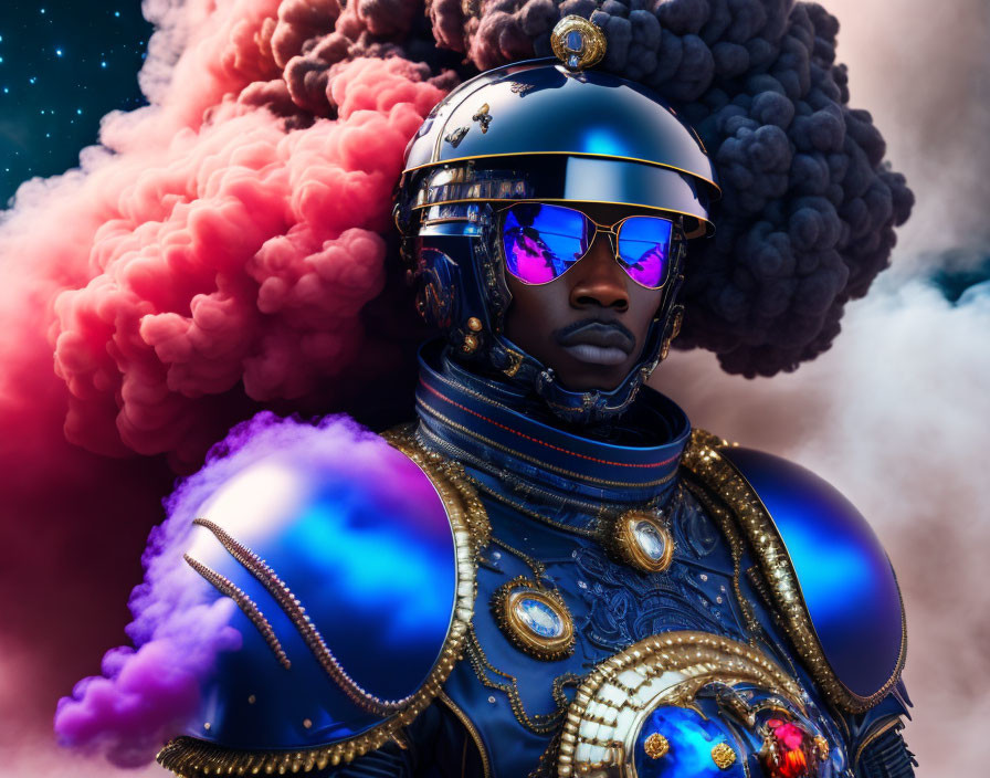 Futuristic soldier in reflective helmet and ornate armor against vibrant pink backdrop