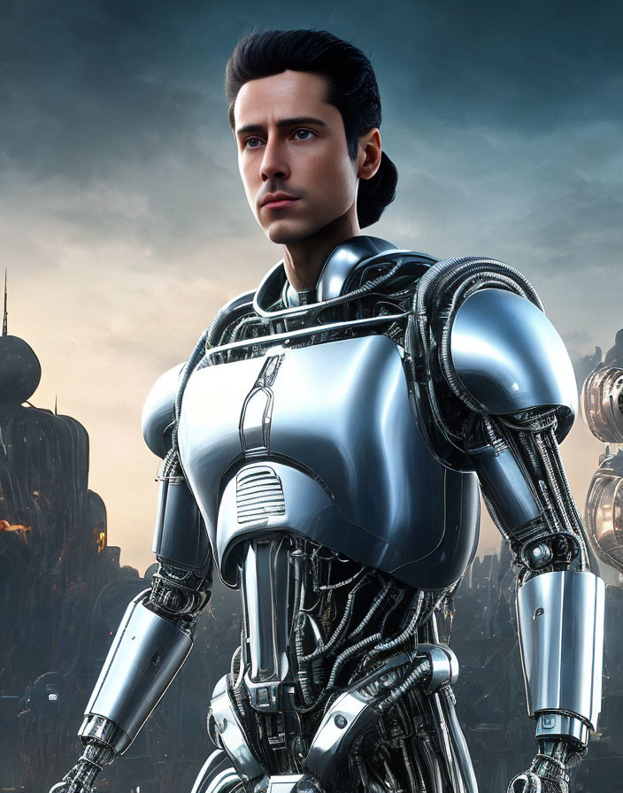 Male humanoid robot in futuristic armor against industrial cityscape