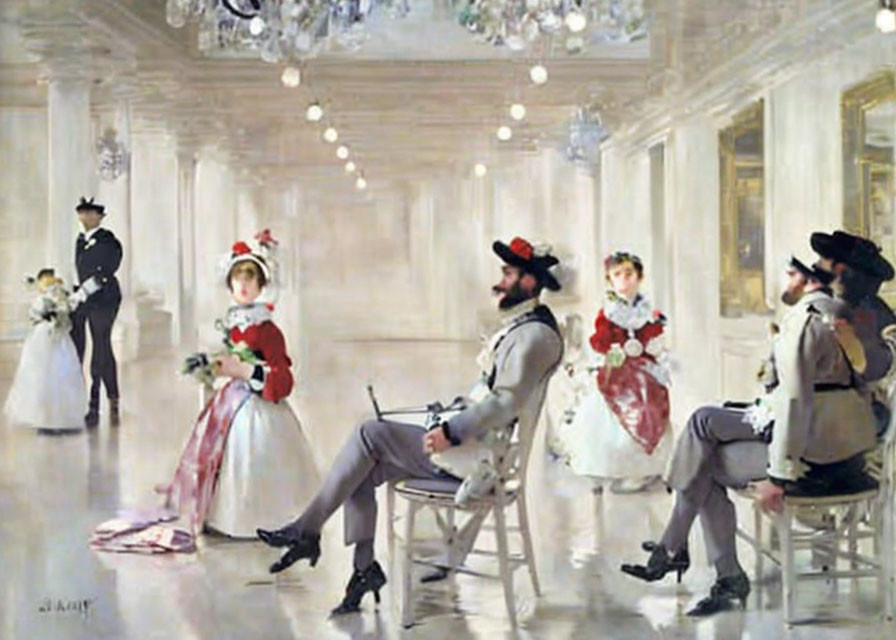 Sophisticated 19th-Century Ballroom Scene with Elegant Attire