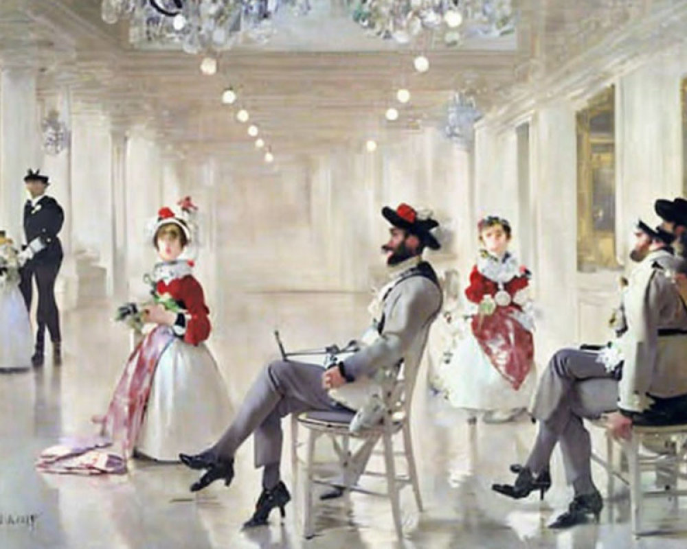 Sophisticated 19th-Century Ballroom Scene with Elegant Attire