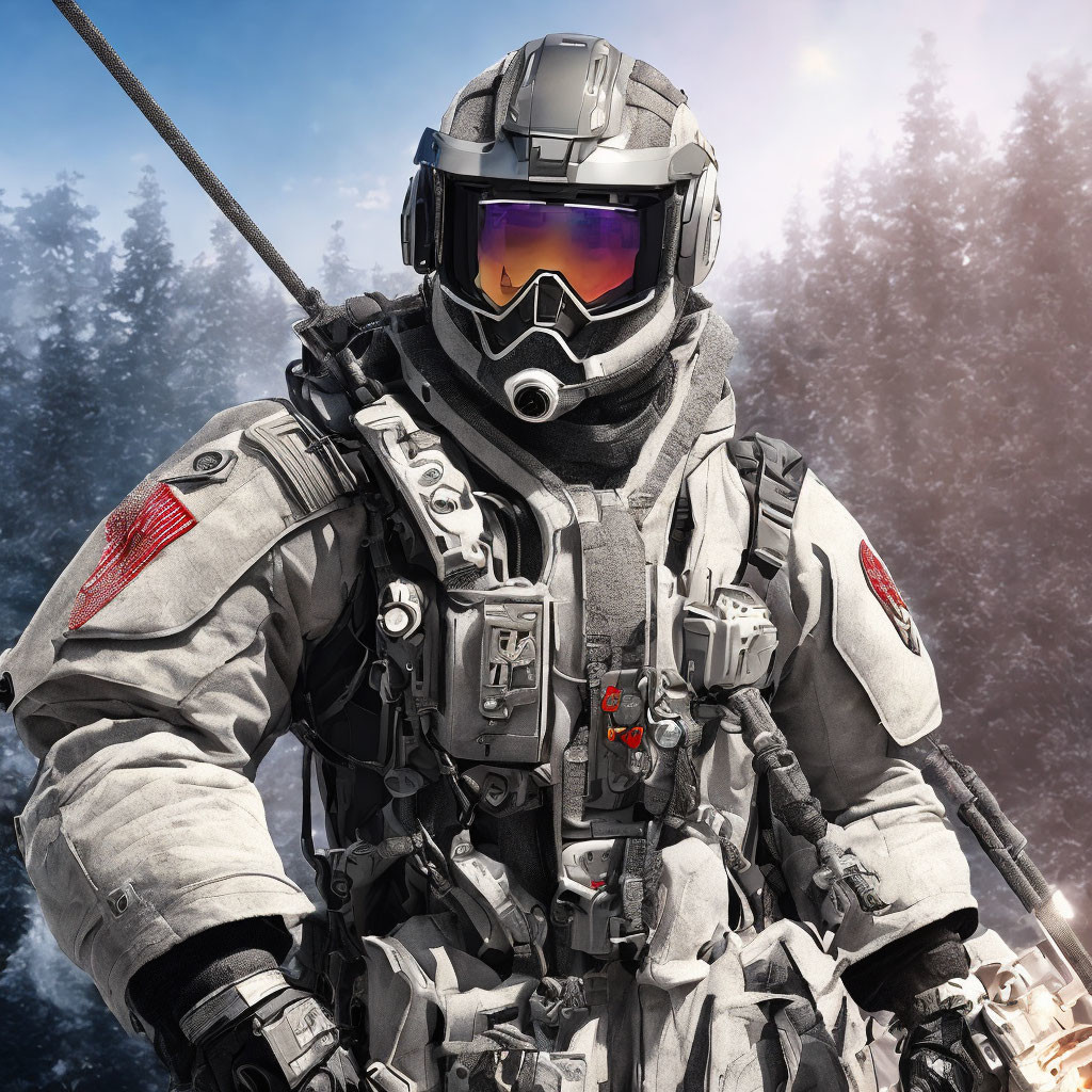 Futuristic soldier in combat gear with helmet and visor in snowy forest