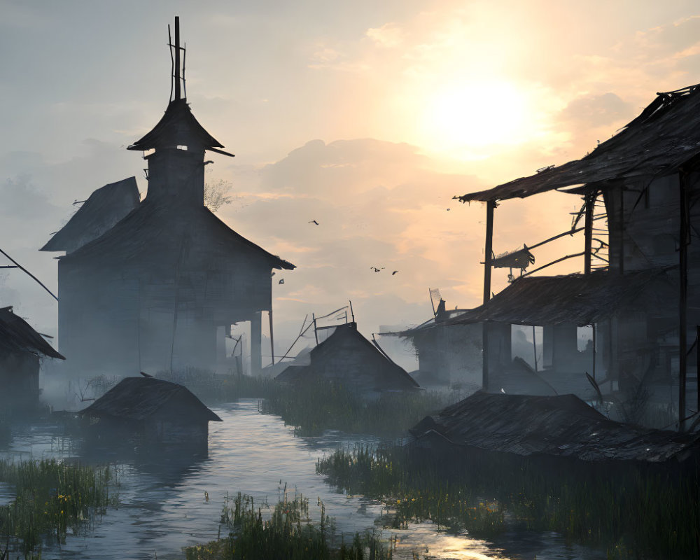 Abandoned wooden structures on water at sunrise with mist and birds, tall building in background