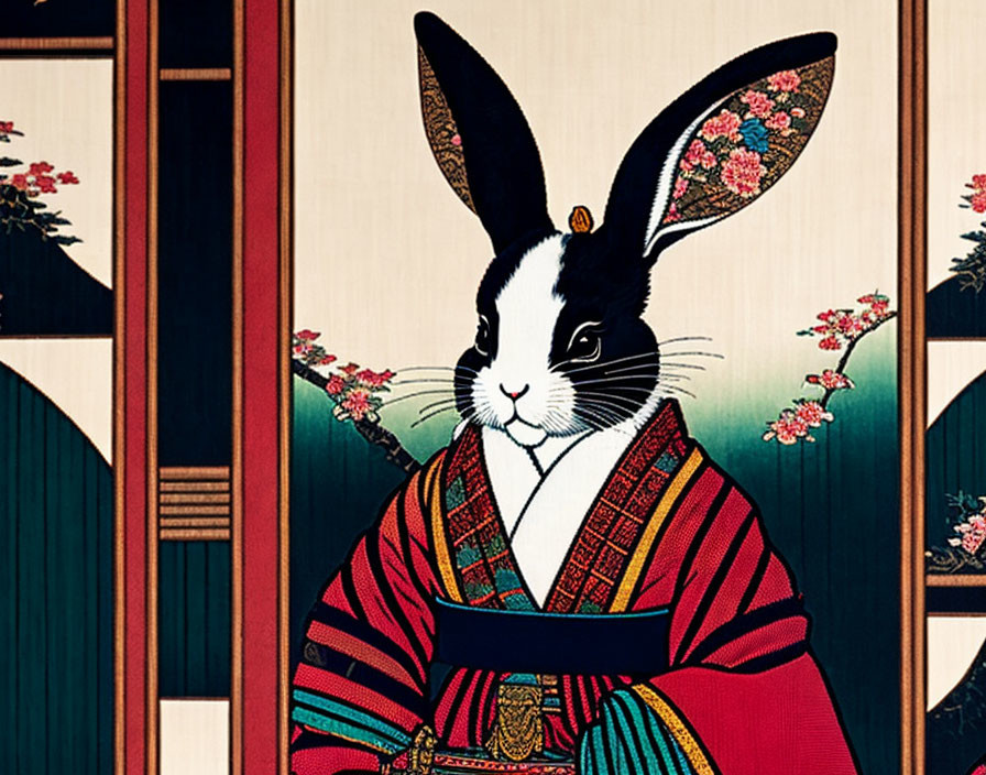 Rabbit in Japanese attire by sliding door with tree pattern