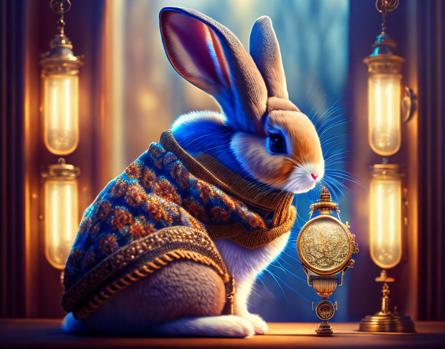 Rabbit in Knitted Vest with Pocket Watch and Vintage Lanterns