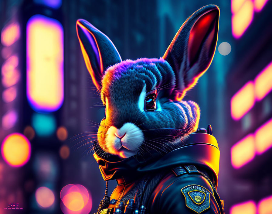 Digital artwork: Rabbit in police uniform with city lights background