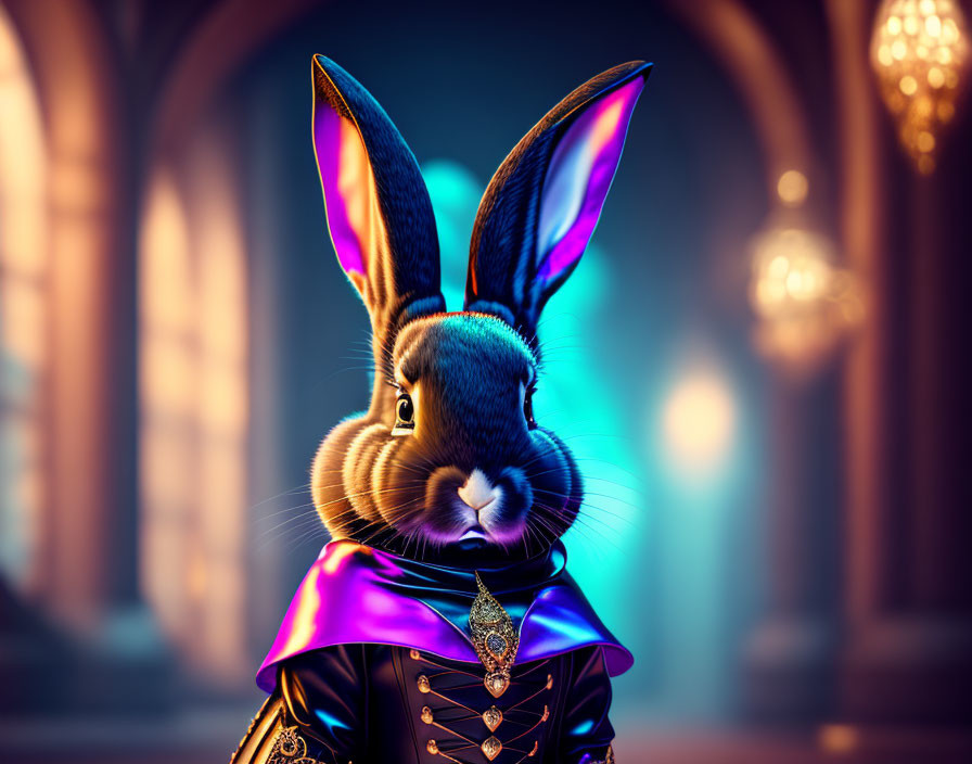Regal rabbit in vibrant attire against architectural backdrop