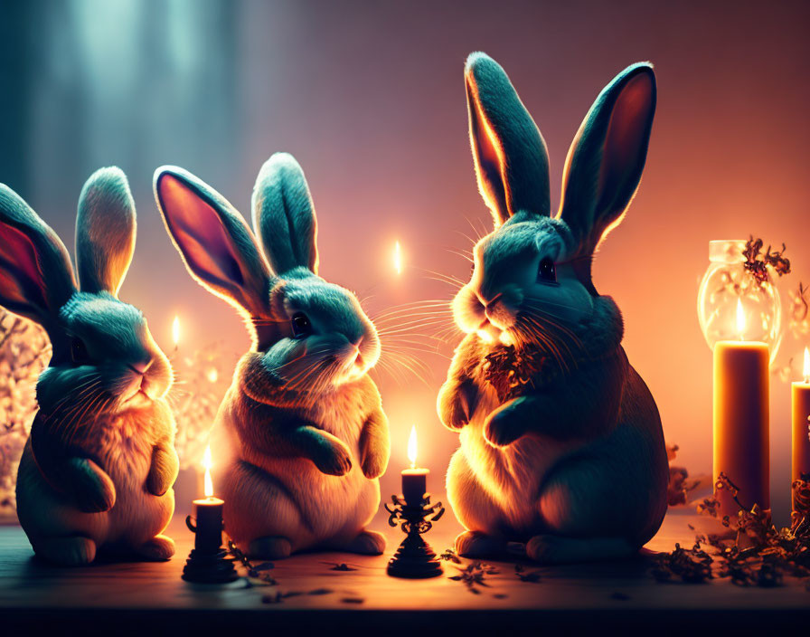 Four rabbits with candles in mystical setting, one holding a pocket watch