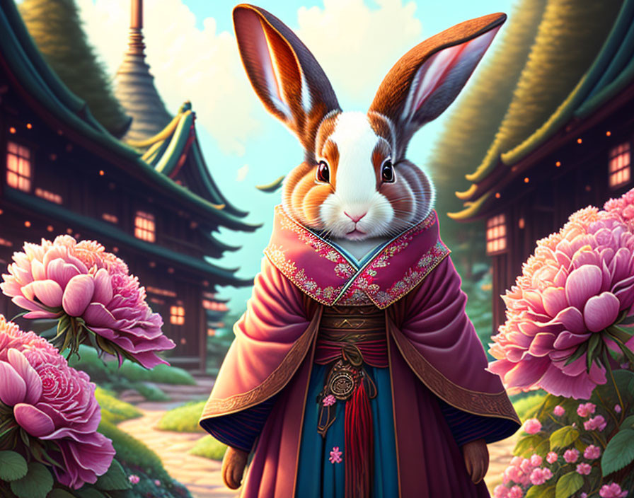Anthropomorphic Rabbit in Traditional Asian Attire Among Ancient Buildings and Pink Flowers