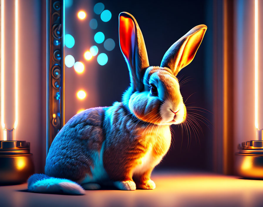 Colorful Rabbit Illustration with Large Ears in Warm Glow and Blurred Lights