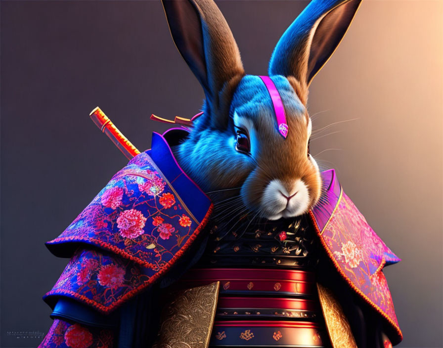 Digital illustration of anthropomorphic rabbit in Japanese samurai armor.