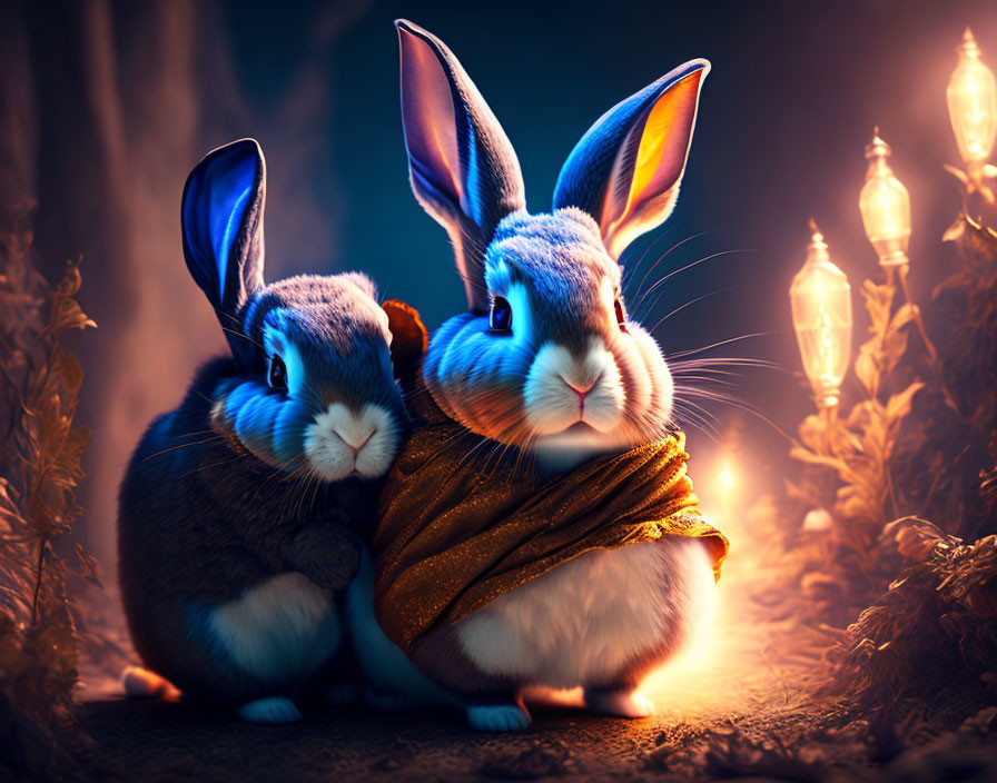 Stylized rabbits in warm scarf under lantern light at night