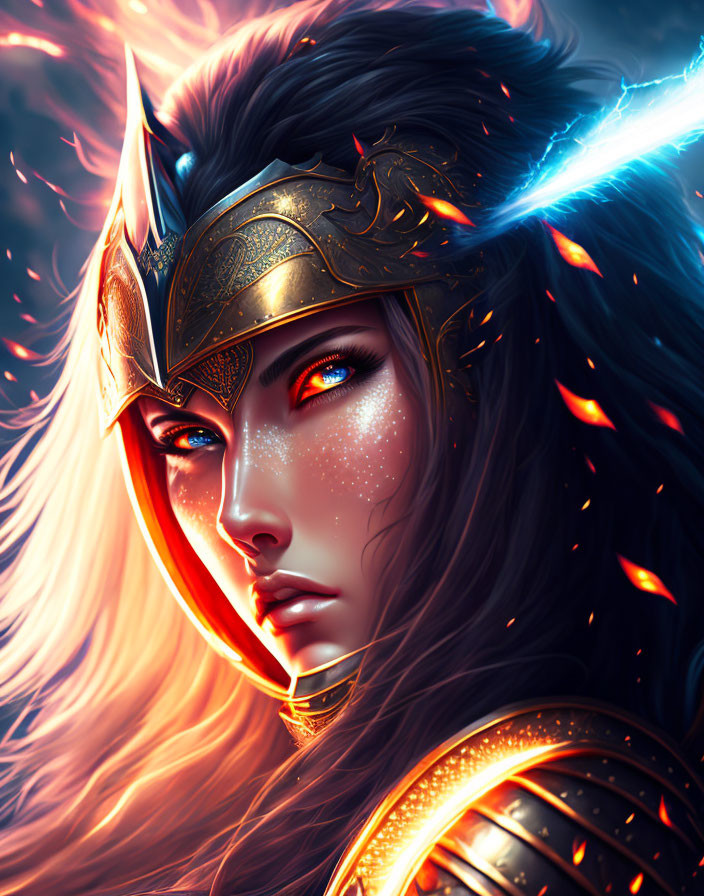Digital Artwork: Fierce Woman in Golden Armor with Blue Eyes