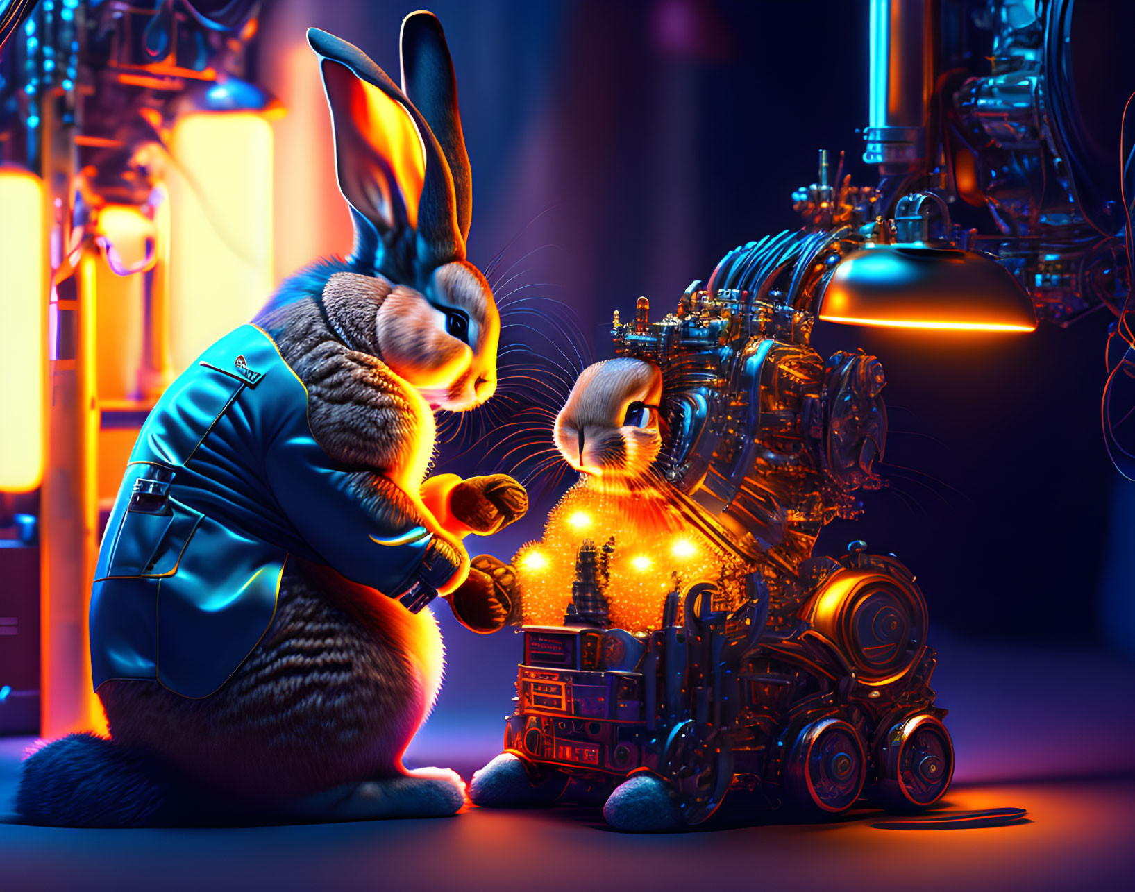 Anthropomorphic rabbit in blue jacket tinkering with glowing machine in dimly lit setting