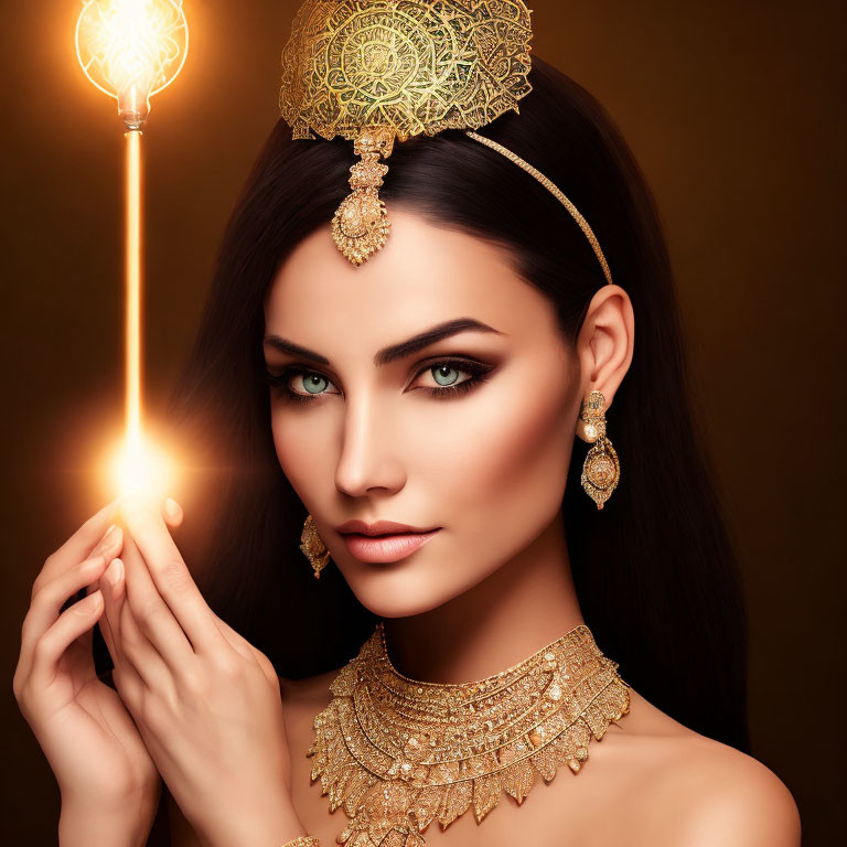 Woman with Green Eyes and Gold Jewelry Holding Lightbulb on Brown Background