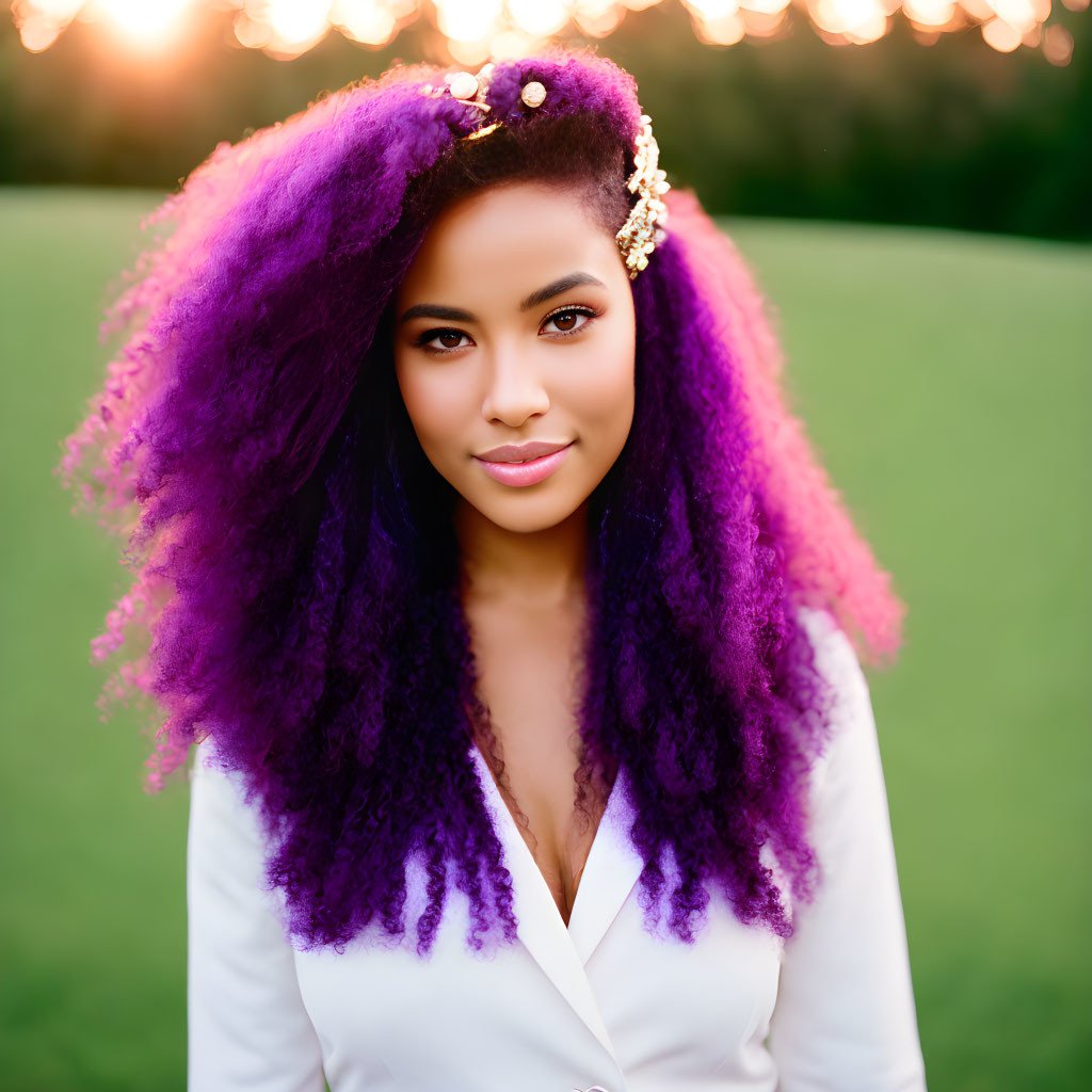 Vibrant purple haired woman with decorative hairpiece smiling outdoors