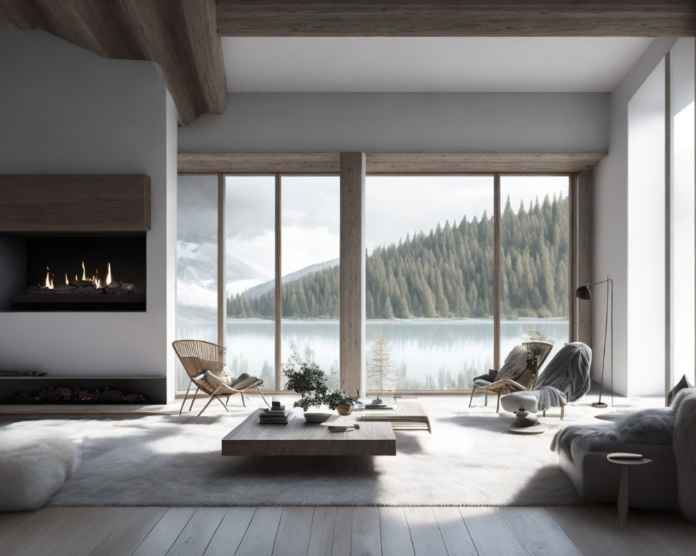Spacious living room with lake view, forest, fireplace, minimalist furniture