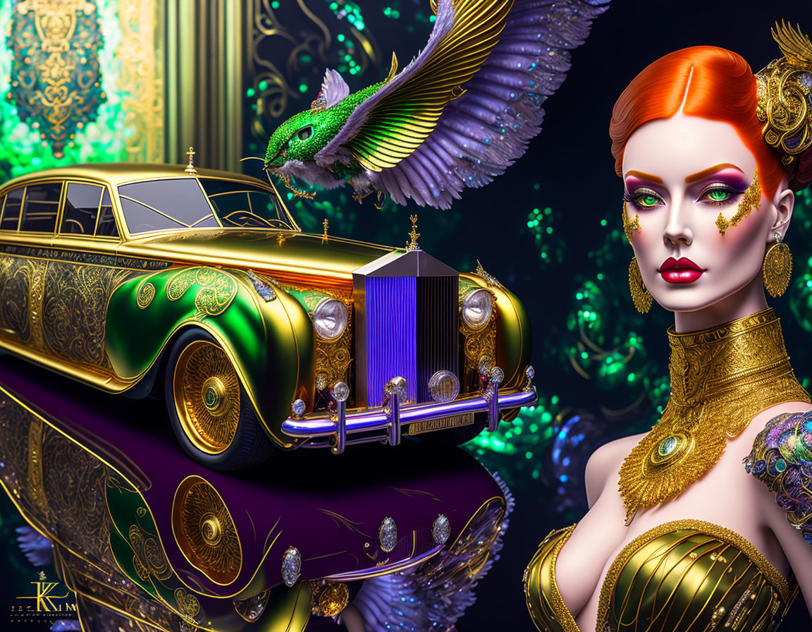 Opulent scene with red-haired woman, hummingbird, and vintage car