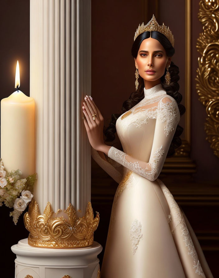 Regal Woman in White Gown with Tiara Beside Pillar