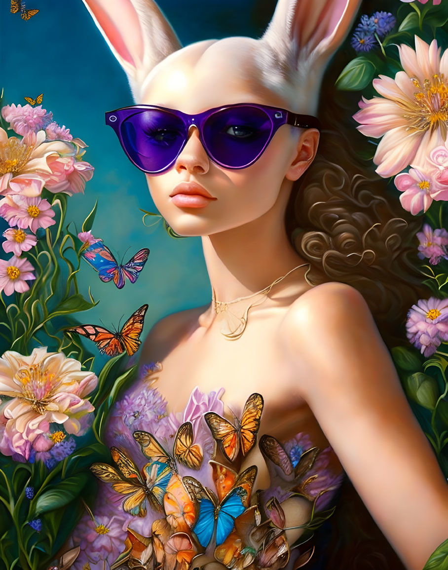 Stylized portrait of woman with rabbit ears and purple sunglasses surrounded by flowers and butterflies