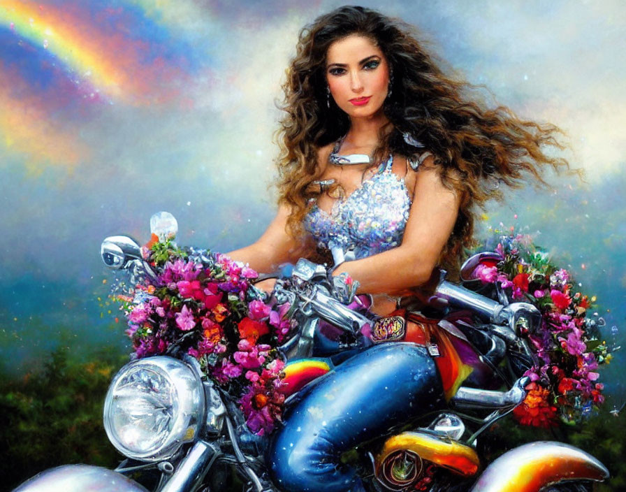 Curly-haired woman on flower-decorated motorcycle under rainbow sky