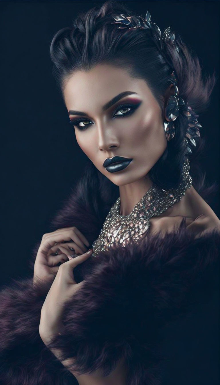 Elegant woman with dramatic makeup, jewels, and fur wrap on dark background