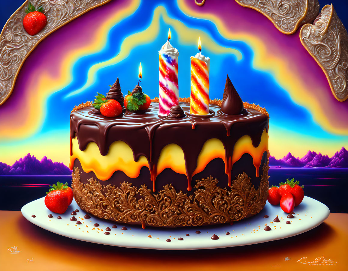 Colorful Chocolate Cake Painting with Lit Candles on Psychedelic Background