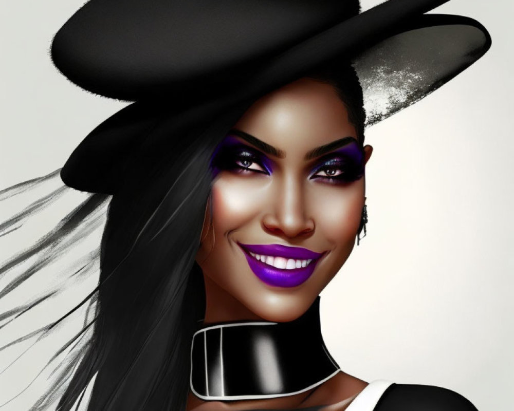 Portrait of smiling woman with dark skin, purple makeup, black hat, and choker on grey backdrop