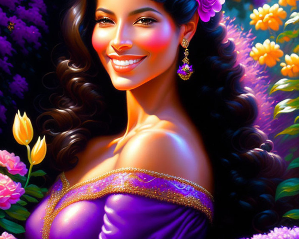 Colorful digital portrait of a smiling woman with dark hair and flowers, in purple attire amidst vibrant floral