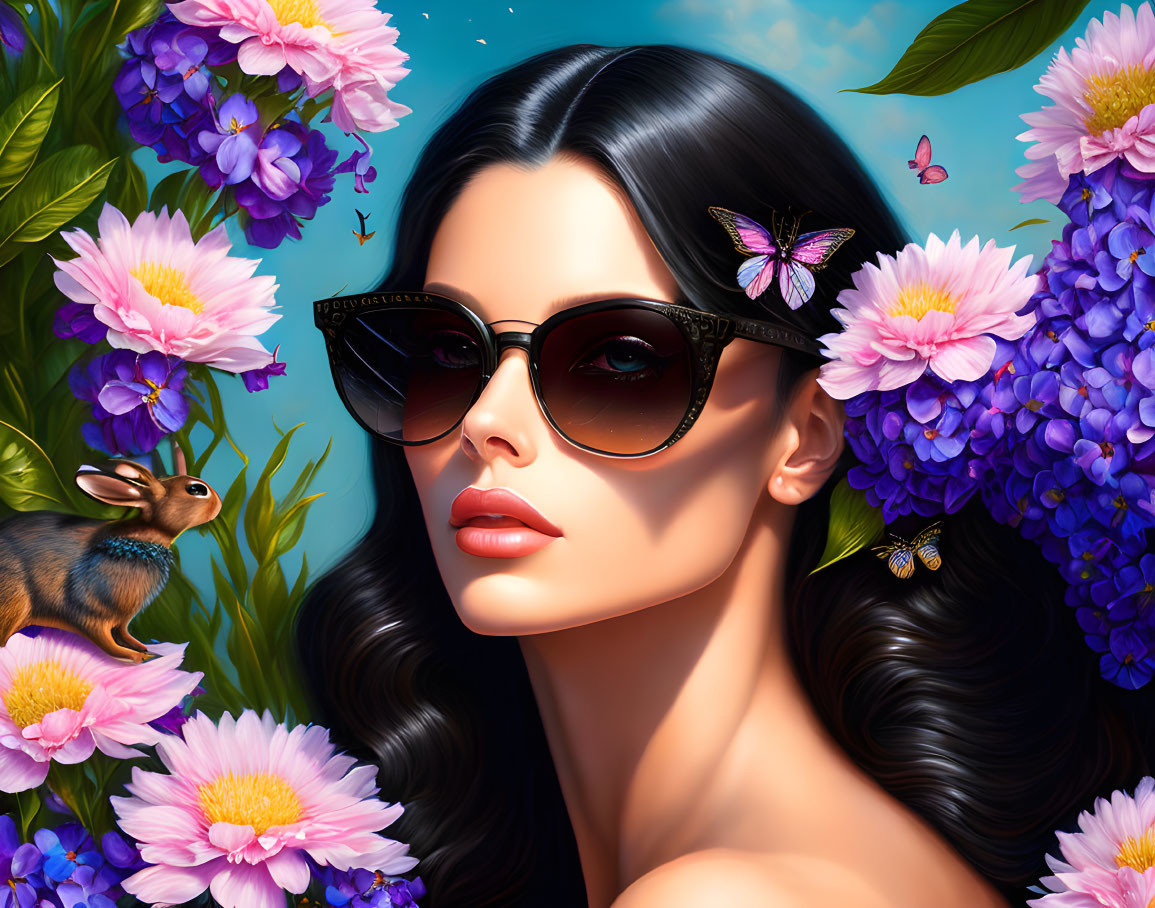 Dark-Haired Woman with Sunglasses, Flowers, Butterfly, and Rabbit